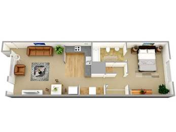 A top-down view of a house layout with a living room, kitchen, dining area, and bedrooms.