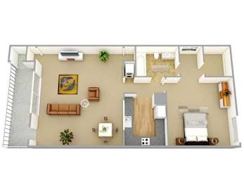 A top-down view of a living room with a couch, coffee table, and a painting on the wall.