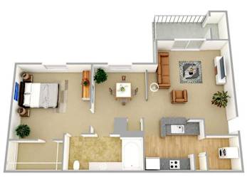 A top-down view of a house layout with a kitchen, living room, and bedrooms.