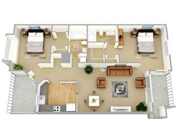 A top-down view of a house interior with a living room, dining area, kitchen, and two bedrooms.