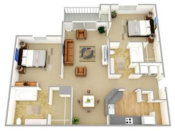 A top-down view of a house layout with a living room, kitchen, dining area, and bedrooms.