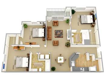 A floor plan of a house with a living room, dining room, kitchen, and two bedrooms.