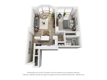 a stylized floor plan with a bedroom and living room