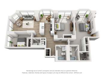 a 3 bedroom floor plan is shown in this rendering