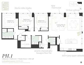 A floor plan for a home with three bedrooms and a living room.