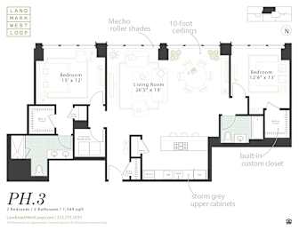 A floor plan for a property at Landmark West Loop shows two bedrooms, a living room, a bathroom, and other features.