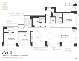 A penthouse three bedroom floorplan at Landmark West Loop Apartments in Chicago, IL