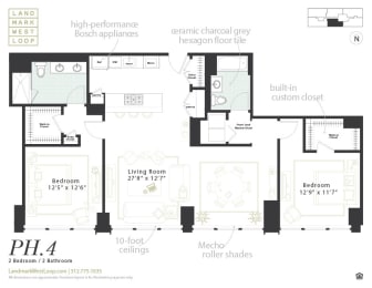 A penthouse two bedroom floorplan at Landmark West Loop Apartments in Chicago, IL