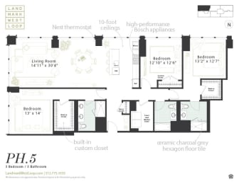 A penthouse three bedroom floorplan at Landmark West Loop Apartments in Chicago, IL