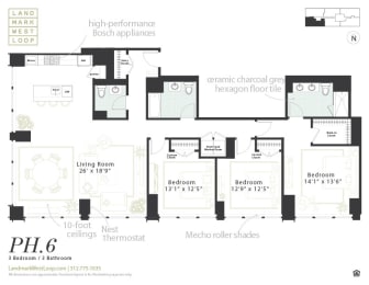 A penthouse three bedroom floorplan at Landmark West Loop Apartments in Chicago, IL