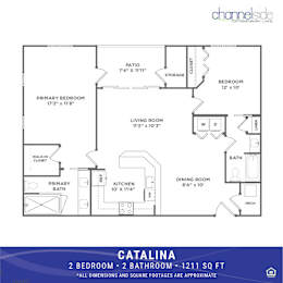 A floor plan for a 2 bedroom, 2 bathroom apartment is shown.