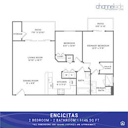 A floor plan for a 2 bedroom, 2 bathroom apartment is shown.