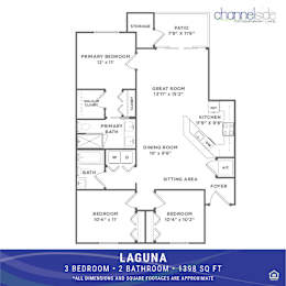 A floor plan for a Laguna home with 3 bedrooms and 2 bathrooms.