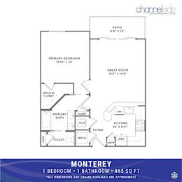 A floor plan for a 1 bedroom, 1 bathroom apartment sized at 865 square feet.