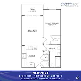 A floor plan for a 1 bedroom, 1 bathroom apartment sized at 791 square feet.