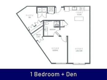 A floor plan of a 1 bedroom + den apartment.