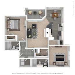 A 3D floor plan of a house with a kitchen, living room, and bathroom.