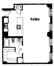 A black and white image of a floor plan with the word ROMA written on it.