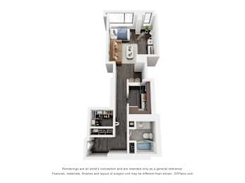A 3D floor plan of a house with a kitchen, living room, and two bedrooms.