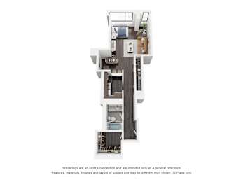 A 3D floor plan of a house with a kitchen, living room, and bathroom.