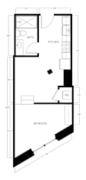 A floor plan of a small apartment with a bedroom, kitchen, and bathroom.