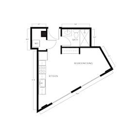 A floor plan of a home with a kitchen, bathroom, and bedroom.