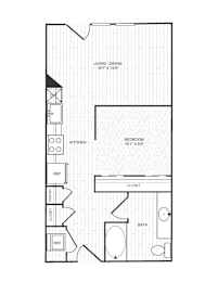 A floor plan of a small apartment with a living room, bedroom, and kitchen.