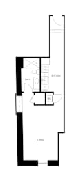 A floor plan of a house with a living room, kitchen, and bathroom.