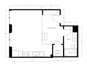 A black and white floor plan of a small apartment with a bedroom, bathroom, and living room.