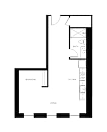 A floor plan of a small apartment with a bedroom, living room and kitchen.