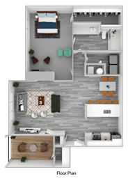 A floor plan of a one bedroom apartment with a living room, dining room, bedroom, bathroom, and closet.