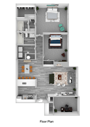 A floor plan of a two bedroom apartment with a living room, two bedrooms, a dining room, a closet, and a storage space.