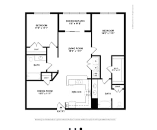 A black and white floor plan of a house with two bedrooms, a living room, a dining room, a kitchen, a bath, and a sunroom.