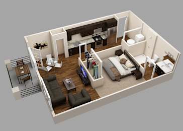 A 3D rendered image of a modern apartment layout.
