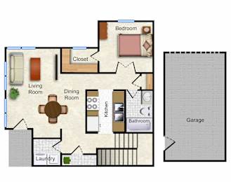 A floor plan of a one bedroom, one bath apartment at Silver Brook.