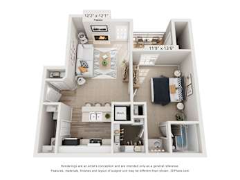 a stylized floor plan with a bedroom and a living room