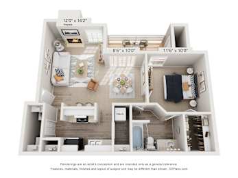a 1 bedroom floor plan with a bathroom and a living room