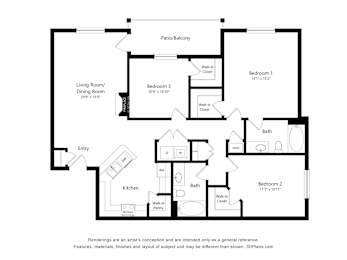 A floor plan of a house with a living room, dining room, kitchen, and three bedrooms.
