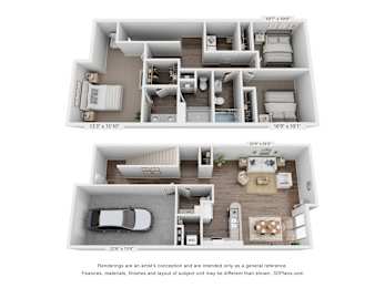 A floor plan of a two-bedroom apartment with dimensions and a note that renderings are a general reference.
