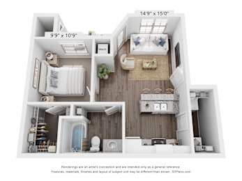 A 3D floor plan of a small apartment with a kitchen, living room, and bathroom.