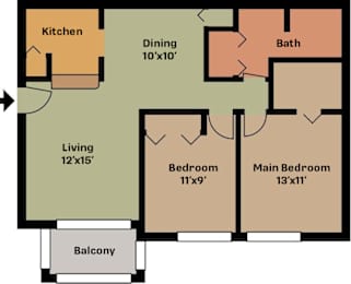 A floor plan of a house with a living room, dining room, kitchen, two bedrooms, a bath, and a balcony.