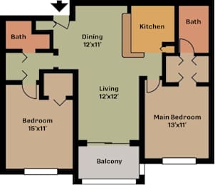 A floor plan of a house with a living room, dining room, kitchen, two bathrooms, a balcony, and two bedrooms.