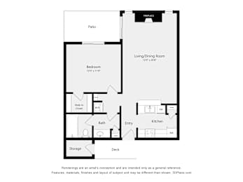 A floor plan of a house with a living room, bedroom, bathroom, kitchen, and storage.
