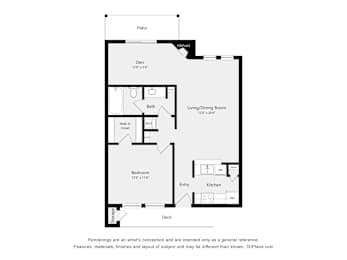 A floor plan of a house with a den, bath, living/dining room, kitchen, bedroom, and deck.