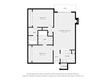 A floor plan of a home with a living room, two bathrooms, a kitchen, two bedrooms, and a storage area.