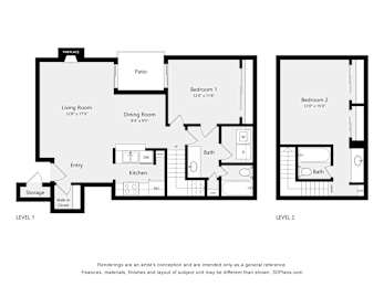 A floor plan of a two level home with a living room, dining room, kitchen, two bedrooms, and two bathrooms.