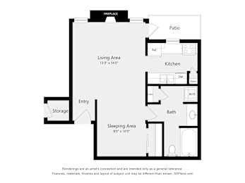 A floor plan of a small apartment with a living area, kitchen, sleeping area, bath, entry and storage.