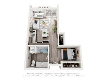 A floor plan of a small apartment with a kitchen, living room, and bathroom.