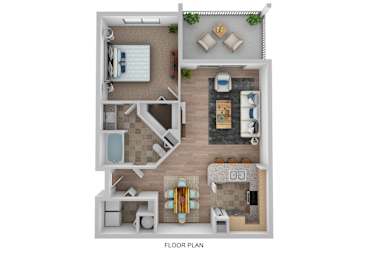 A floor plan of a small apartment with a kitchen, living room, and bathroom.