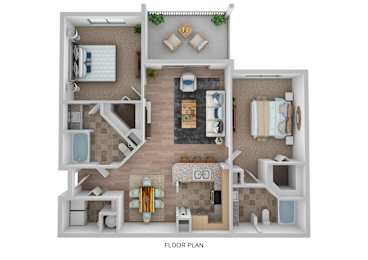 A floor plan of a small apartment with a living room, kitchen, and two bedrooms.